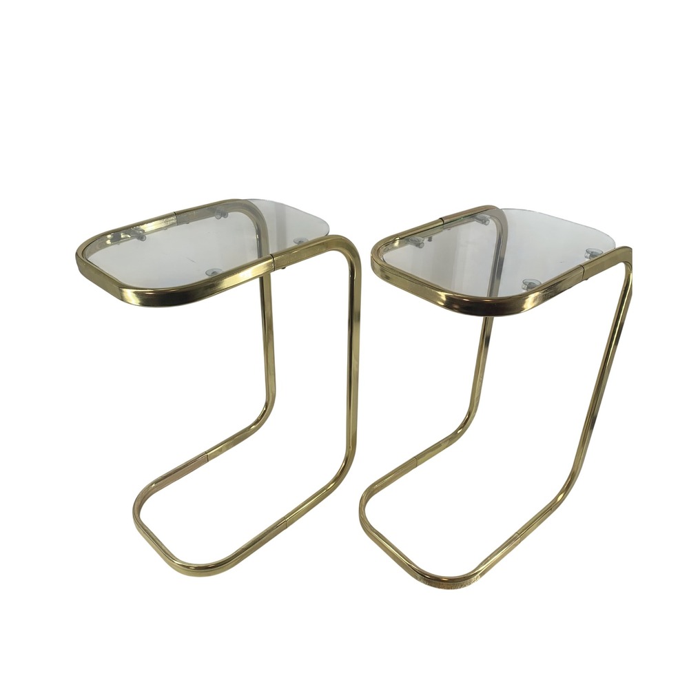 Vintage Pair MCM Milo Baughman Style Brass Tone Glass Top Cantilever Side Tables